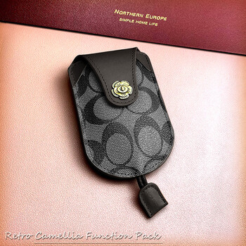 Kuqidaishu camellia men's and women's multifunctional key bag fashionable cowhide car key bag remote control storage bag key buckle black