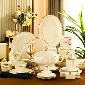 Han ming high-end jingdezhen bone china bowls, plates and tableware set for home moving gifts, hotel club bowls, chopsticks, dishes and bowls set, high-end brocade box set, 10 people set, 80 pieces