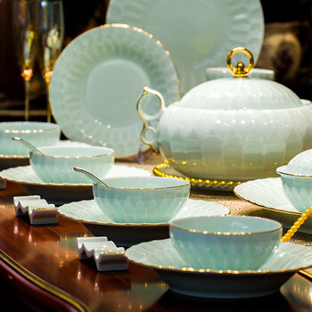 Guanpu 2025 tableware underglaze color bowl and plate set for home use jingdezhen high-end tableware set celadon bowl and plate housewarming gift