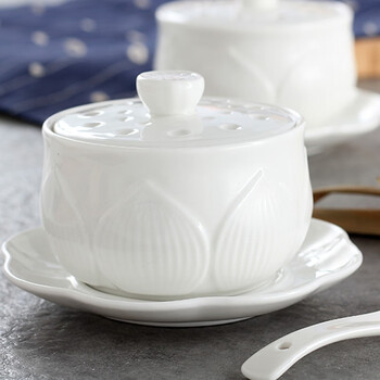 Porcelain air hotel dessert cup, pure white ceramic stew cup with lid, lotus flower cup, household stew pot with bottom base and spoon, lotus flower stew cup with spoon