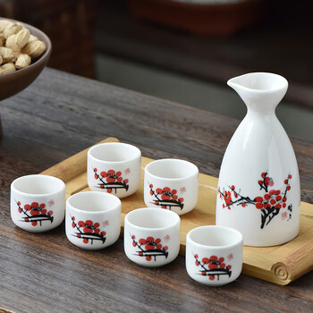 Yunmian japanese ceramic wine set, sake set, white wine cup, spirit cup, wine divider, small wine cup, home gift warm wine pot, spotted plum blossom-safe packaging, one pot and two cups
