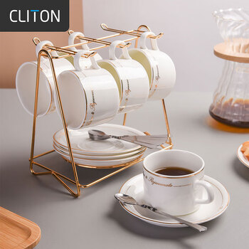 Cliton coffee cup and saucer set european-style gold-rimmed ceramic cup western-style black tea cup breakfast cup milk cup 6 cups 6 saucers 6 + cup holder