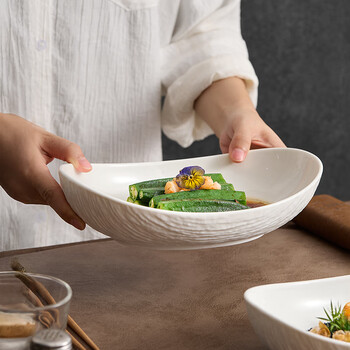 Chidu oval dish plate, home plate, high-end hotel restaurant artistic conception dish tableware, japanese salad plate, stone pattern deep plate, 10.5-inch stone pattern dan-shaped ingot bowl - white porcelain