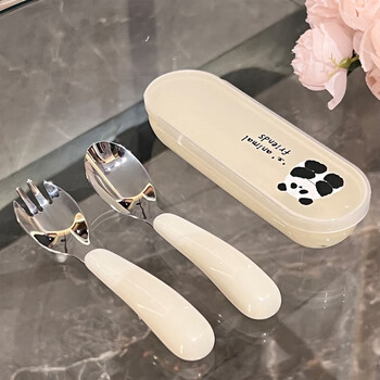 Bsd baby fork and spoon portable tableware for primary school students special for children 304 stainless steel spoon and fork learning to eat set baby fork spoon + storage box (panda)