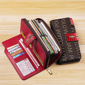 Williampolo emperor paul 32 multi-card slot women's wallet long card holder zipper buckle cowhide retro elegant mobile phone small clutch red with counter gift box