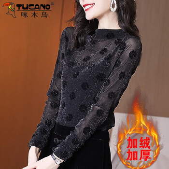 Woodpecker (tucano) half turtle collar bottoming shirt for women 2026 spring and autumn new fashionable small shirt long sleeve women's outerwear thin lace shirt black warm plus 1 thick velvet xl 115-125 jin