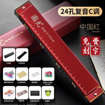 Guoguang harmonica professional performance level accented german imported gongs polyphonic c key for beginners entry-level adult self-study 24-hole c key polyphonic red + full set of gifts