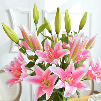 Floral decoration, artificial flower lily, high-branch decorative flower, artificial silk flower, living room decoration, dining table, high-end floral arrangement, dried flower bouquet decoration, 100cm pink hand-feel lily flower, one