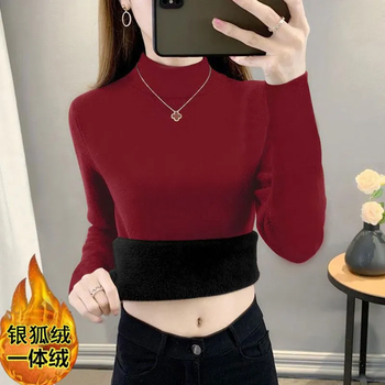 Xuyiren's new autumn and winter women's silver fox velvet half-high collar plus velvet thickened bottoming shirt solid color slim fit inner warm top burgundy solid color xl recommended 115-130 pounds