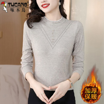 Woodpecker half-high collar long-sleeved t-shirt for women in autumn and winter new fashion versatile plus velvet thickened inner velvet bottoming shirt trendy top apricot double-sided warm velvet l 100-110 catties