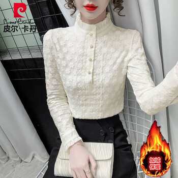 Pierre cardin lace bottoming shirt for women with velvet and thickening 2025 autumn and winter new style long-sleeved fashionable warm versatile top apricot thickened velvet m