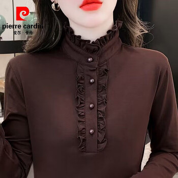 Pierre cardin autumn and winter temperament fungus-edged velvet bottoming shirt for mothers to decorate with warm long-sleeved tops for women solid color brown double-sided velvet xl recommended 120-135 pounds