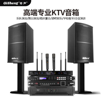 Qisheng family ktv audio set karaoke professional stage speakers front and rear amplifier effector mixer karaoke bass conference room 12-inch speaker + pre-amp + post-amp + sequencer + dual microphones