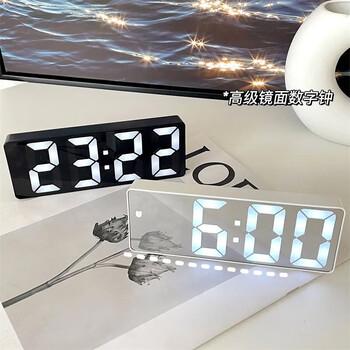 Hualan luminous mirror clock ins desktop clock timetable table decoration led digital display electronic alarm clock mirror white shell white light including battery + plug-in data cable