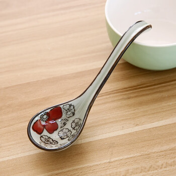 Japanese medium ceramic spoon, underglaze color and japanese style tableware, lichen 红富贵, length 16cm x 4cm