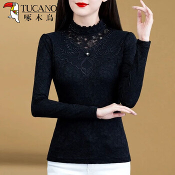 Woodpecker lace bottoming shirt for middle-aged mothers 2025 winter new style plus velvet and thickened western-style inner shirt long-sleeved top black thin section 3xl recommended 130-140 pounds