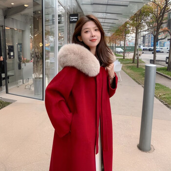 Oudihui 2025 new autumn and winter red woolen coat for women thickened large fur collar woolen coat mid-length coat for women red s