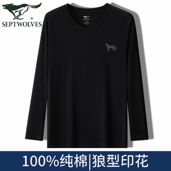 Septwolves 100% cotton men's long-sleeved t-shirt men's round neck pure cotton boys solid color printed sweatshirt bottoming shirt cultural shirt black geometric wolf (brave wolf) xl (175) (recommended 120-140 pounds)