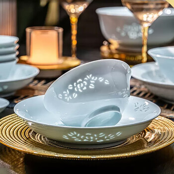 Fuyu jingdezhen tableware complete set of light luxury and high-end new bowls and plates chinese style celadon exquisite ceramic bowls and plates celadon jade peony tableware 29 pieces