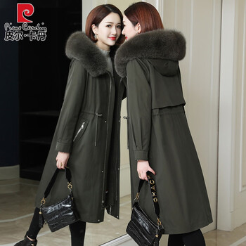 Pierre cardin parker women's winter new mid-length removable rex rabbit fur liner haining fur jacket fox fur coat army green m (90-115 catties recommended)