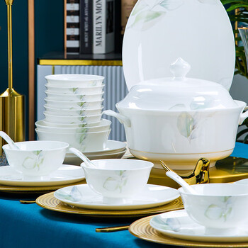 Jiuchen underglaze color bowls and plates set household tableware complete set jingdezhen ceramic bowls and chopsticks new wedding housewarming gift underglaze color round standard with soup bowl 32-piece set