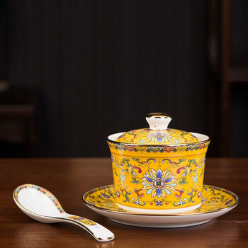 Lichen ceramic stew pot with lid, jingdezhen enamel palace style stewed bird's nest, shark's fin meat pie, egg soup cup, medium size imperial yellow three pieces