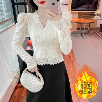 Lisaft 2025 spring, autumn and winter new lace and velvet thickened bottoming shirt women's clothing with western style high-end style and can be weared outside, apricot s (recommended 85-95 catties)