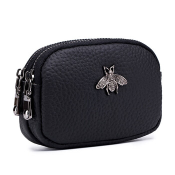 Vandee small coin purse genuine leather cute women's coin bag double zipper new coin purse mini coin bag black
