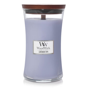 Woodwick large hourglass scented candle lavender spa fragrance natural wood core burst sound 180 hours fragrance
