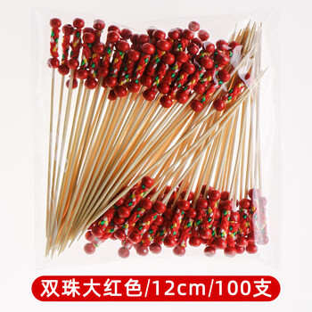 Chuge high-quality disposable fruit forks, high-quality disposable fruit picks, bobo chicken bamboo sticks, children's fruit plate bamboo sticks 15cm, red double beads series, two partitions, 15cm, 100 pieces/pack