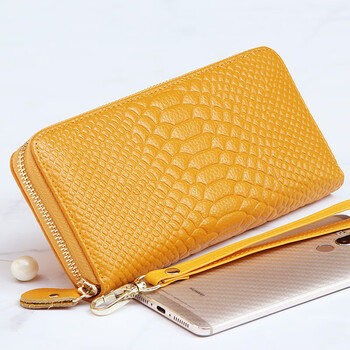 Sharelove genuine leather wallet long multi-function mobile phone bag new first-layer cowhide wallet men's and women's clutch bag lucky yellow yellow crocodile pattern, single zipper