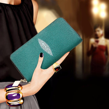 Sephoron 2026 new pearl fish skin zipper wallet cowhide handbag large capacity mobile phone multiple card slots small handbag green
