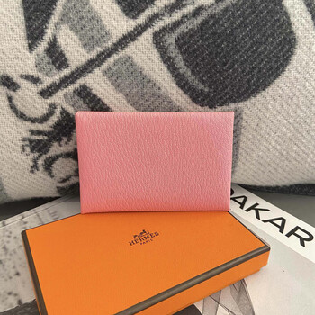 Second hand 99 new hermes summer pink interior with brick red goatskin y-engraved calvi folding card holder