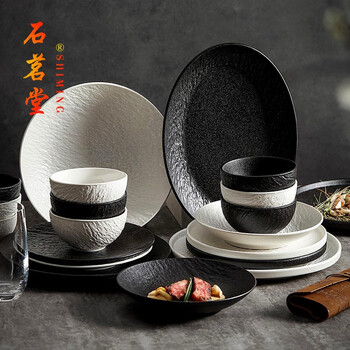 Shimingtang bowl and dish set for home high-end light luxury housewarming bone white porcelain bowl and chopsticks set japanese tableware set gift stone pattern black and white mix set 28 pieces
