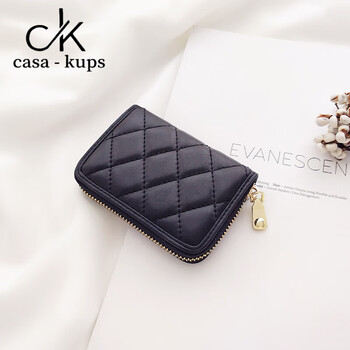 Casa-kupsck women's bag genuine leather coin purse small fragrant sheepskin diamond card bag women's compact 2024 new multi-card zipper black newly upgraded anti-theft brush