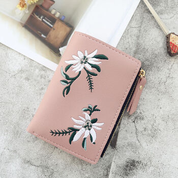 Aiman design small wallet women's short wallet korean style small fresh ins embroidery embroidery flower decoration cute vertical style dark pink