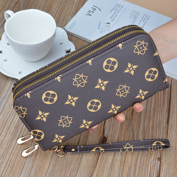 Fabric simple new wallet women's long double zipper clutch fashion printed large capacity double layer wallet mom bag can be placed