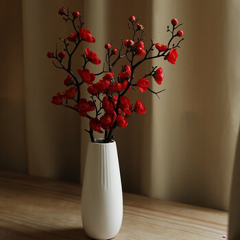Liangsheng artificial flower plum blossom living room wintersweet set fake flower home furnishings study decoration potted flower art set 3 red plum blossoms + vertical vase white