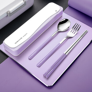 Dishang portable tableware 304 stainless steel chopsticks spoon set student-specific fork three-piece cutlery storage box purple (chopsticks + spoon + fork) purple box