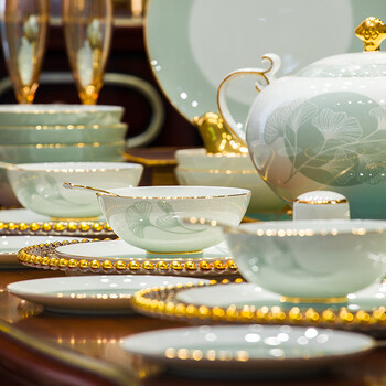 Guanpu 2025 bowls and plates jingdezhen bone china tableware set light luxury bowls and plates household high-end gold-rimmed simple bowls and plates set