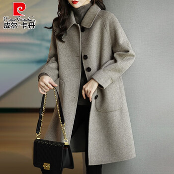 Pierre cardin double-sided cashmere woolen coat for women 2025 new small mom autumn and winter thickened woolen coat casual and versatile gray (style) regular xl (115-125 pounds)