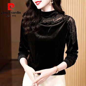Pierre cardin half turtleneck bottoming shirt for women, gold velvet autumn wear, versatile slimming lace long-sleeved t-shirt, stylish mom top, bright silk black l 100-110 pounds