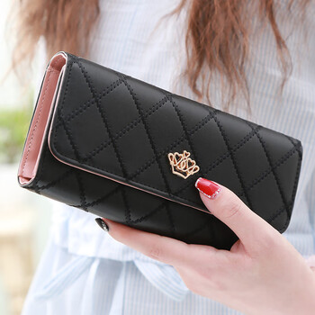 New popular women's wallet long multi-functional rhombus crown embroidered tri-fold wallet women's large capacity mobile phone bag black