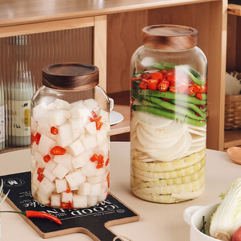 Cristalglass kimchi jar household sealed jar glass lidded food-grade pickle jar chili sauce pickle pickle sauerkraut jar acacia wood lid kimchi jar 1.2l