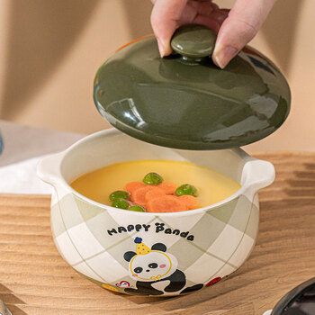 Ezicok steamed egg bowl ceramic bowl double-eared bowl with lid steamed egg custard dessert bowl cartoon small bowl steamed rice bowl stew pot baking baking bowl green panda