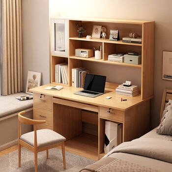 Wooden poetry computer desk desktop desk bookshelf combination modern simple office desk home student study table and chair combination table and chair combination pastoral oak color 140*60*168cm