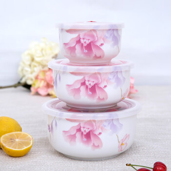 Exclusive to huaguang live broadcast room, bone china glaze, antibacterial and antibacterial household fresh-keeping bowls, three bowl set, huahaoyuanyuan fresh-keeping bowl, 3 pieces