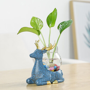 Yuxuan creative glass ornaments animal small flower pot tea table pothos flower vase hydroponic container stand spotted deer (blue) flower pot