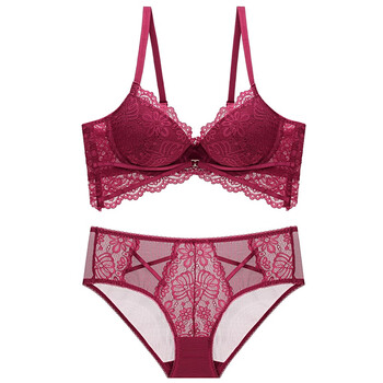 Solo kiss sexy lace sponge top thin and bottom thick gathering adjustable small breast reduction bra set burgundy 36c=80c bra+l panties