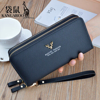 Kangaroo (kangaroo) new wallet women's long clutch double zipper wallet mobile phone bag fashion simple large capacity double layer wallet black